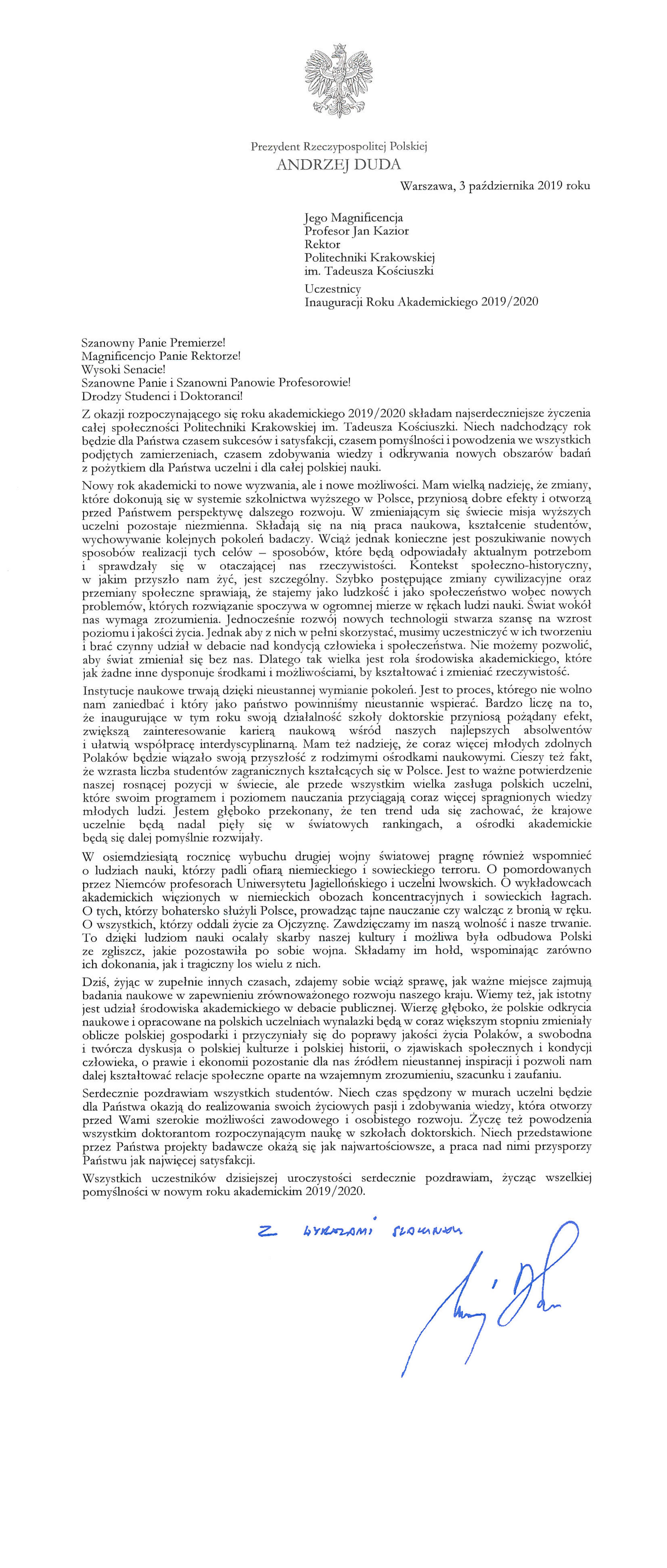 List Prezydenta Andrzeja Dudy