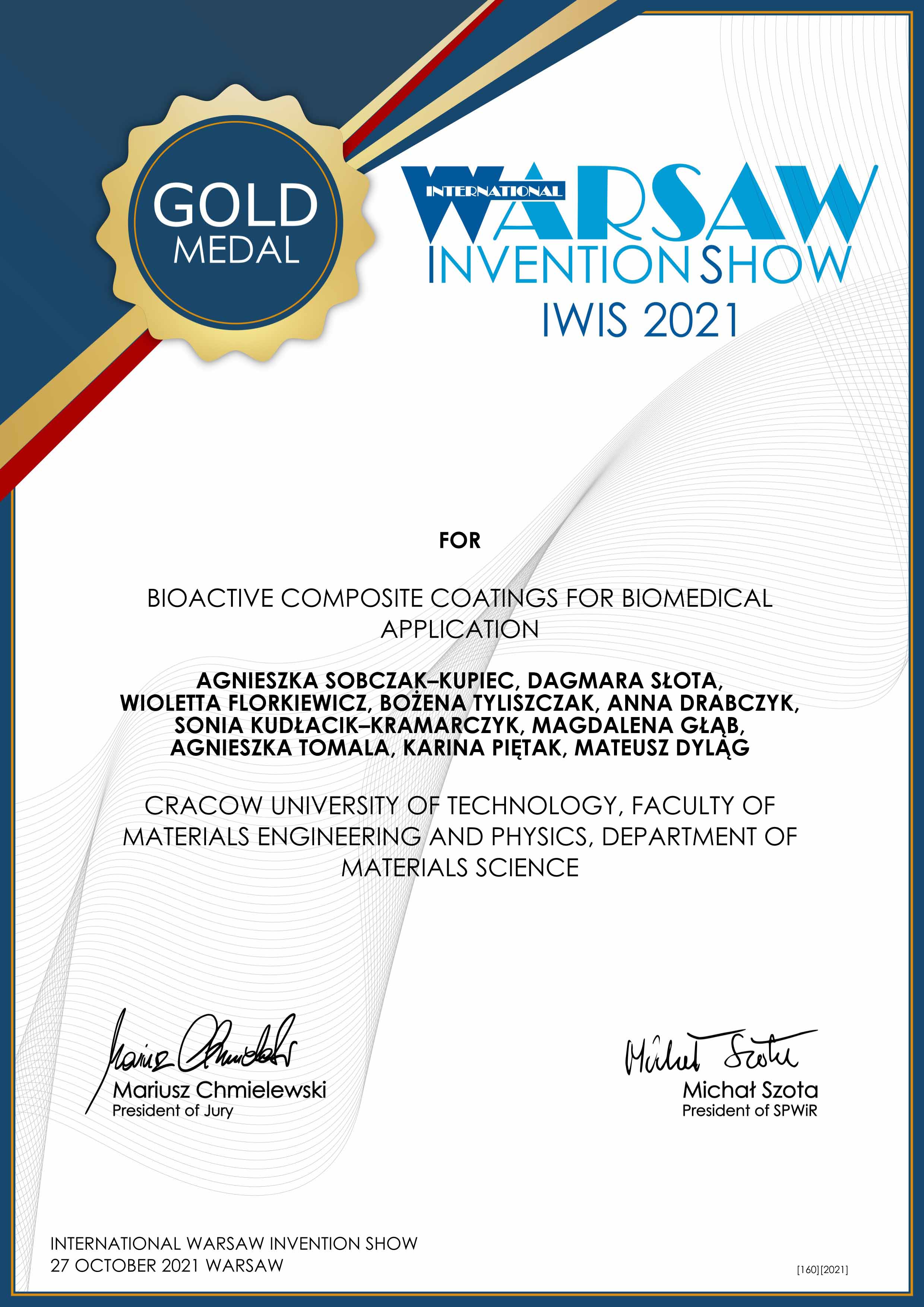 Dyplom IWIS  - Złoty Medal
