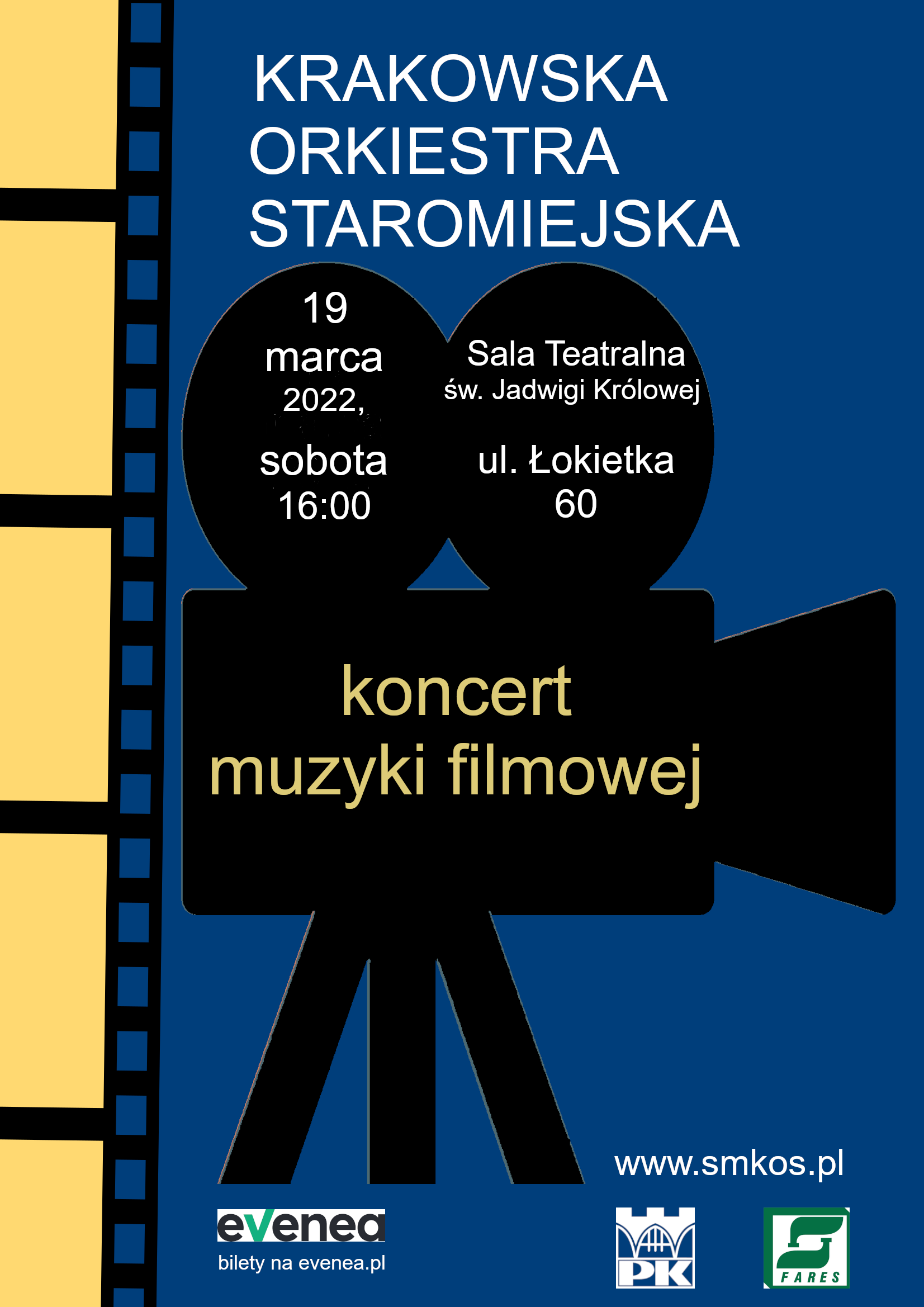 Plakat koncertu Krakowskiej Orkiestry Staromiejskiej z motywem projektora filmowego