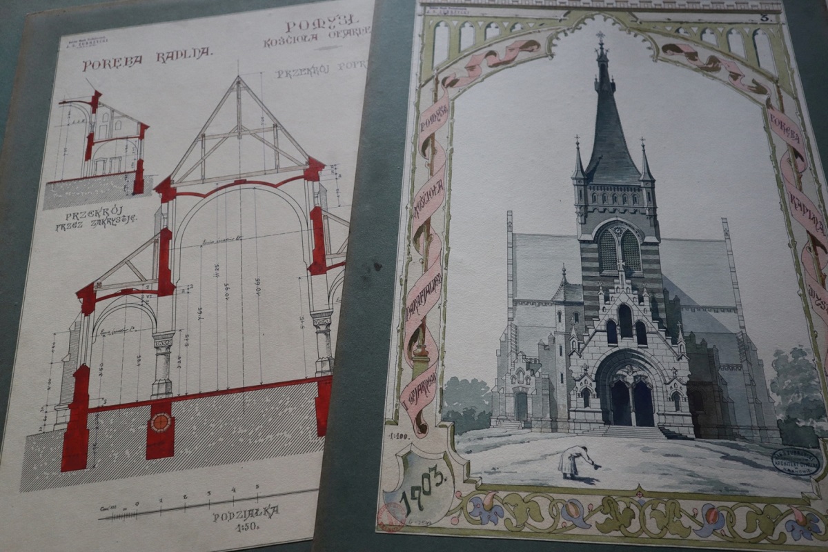 karta z oryginalnego projektu architektonicznego „Pomysł kościoła w Porębie Radlnej” autorstwa Jana S. Zubrzyckiego z 1903 r