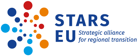 Logo STARS EU czyli kolorowe kółka z napisem STARS EU Strategic alliance for regional transition 