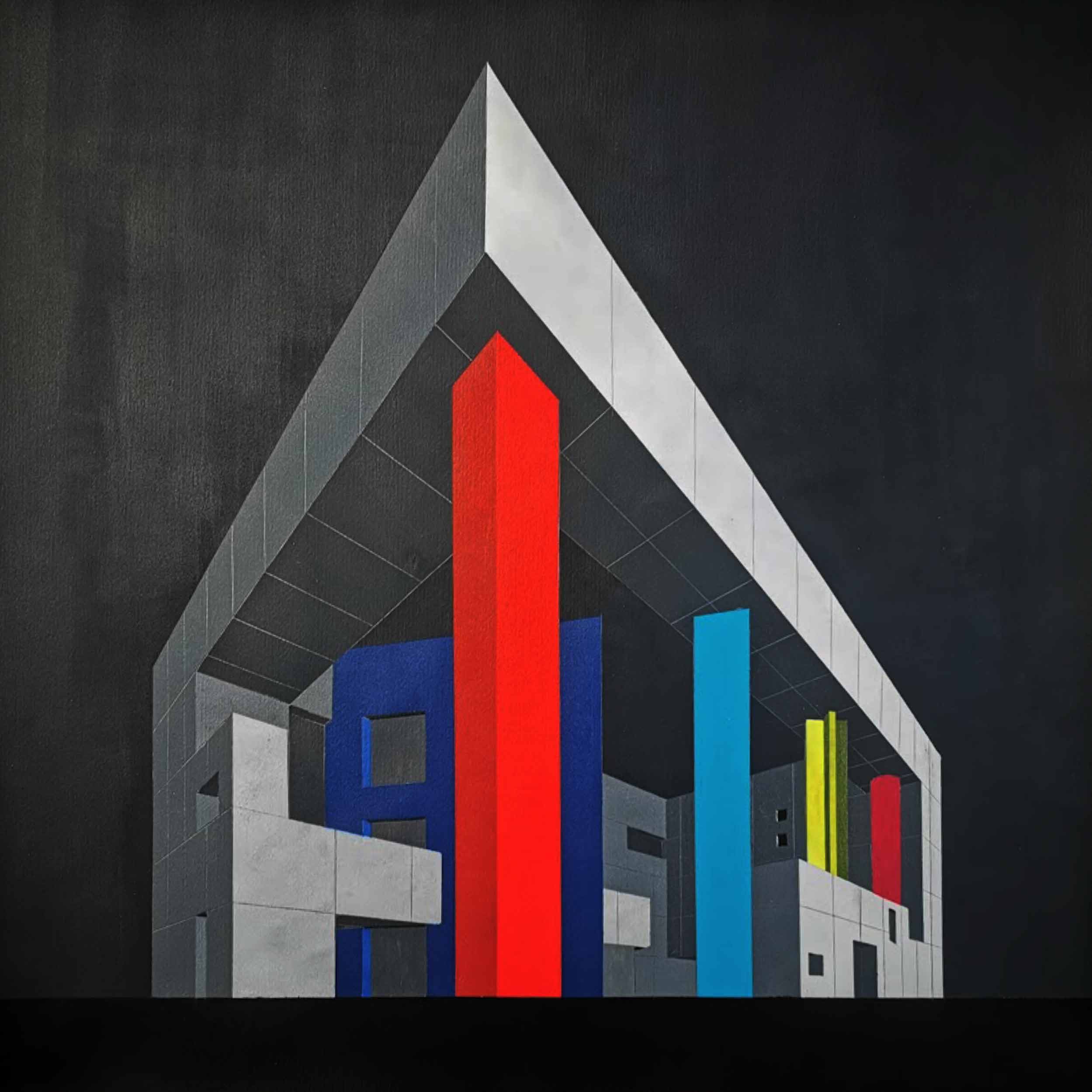 Rysunek przedstawiający betonowy budynek. Wyróżniają się kolorowe kolumny.