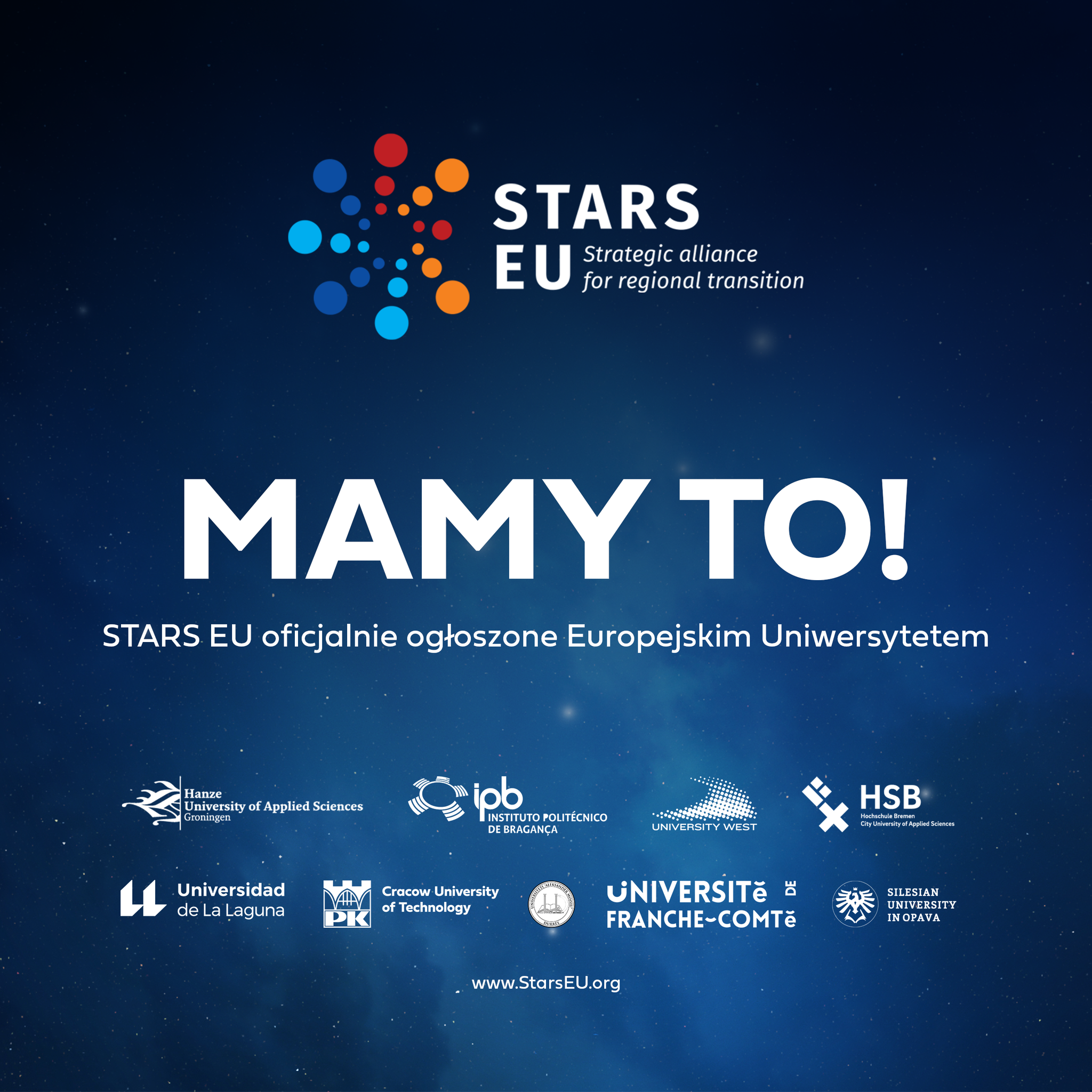 Grafika informująca o przyznaniu grantu dla Europejskiego sojuszu STARS EU 