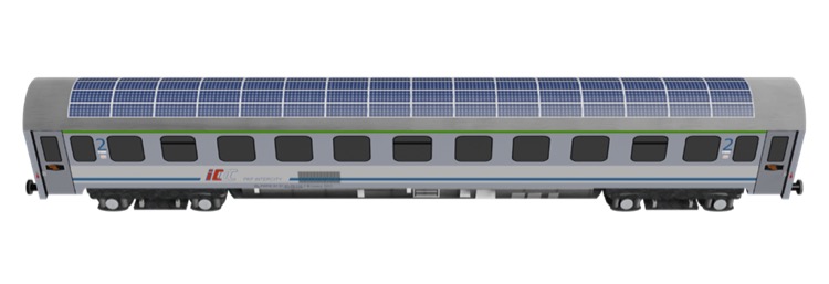 Grafika przedstawiająca wagon kolejowy, który na dachu zamontowane ma panele fotowoltaiczne. 